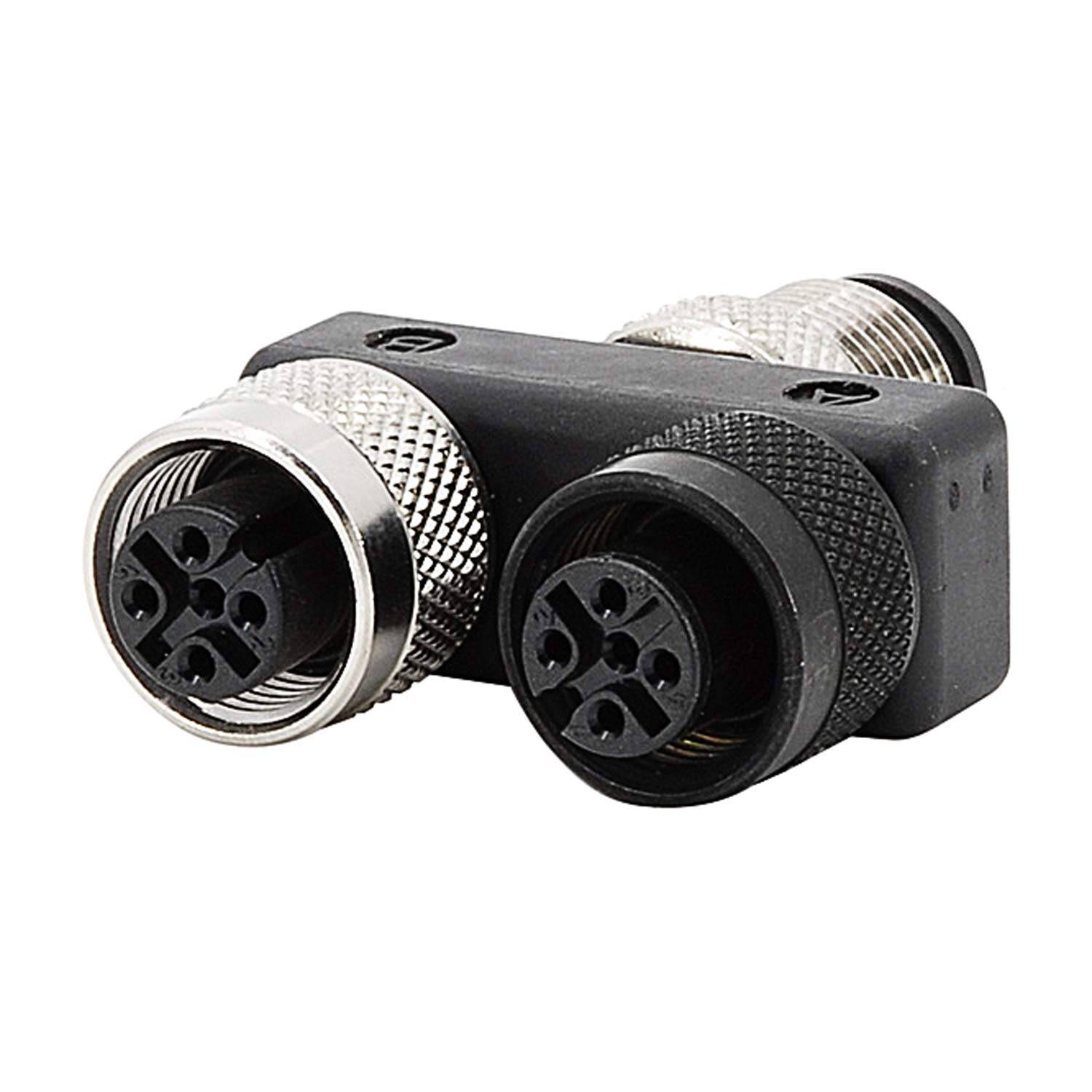 Ein schwarzer L-förmiger M12-T-Verbinder mit drei metallischen Kreisanschlüssen für elektrische Verbindungen.