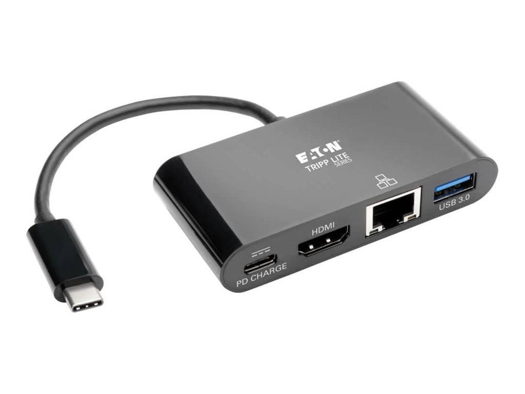 Schwarzer USB-C-Hub mit angebrachtem Kabel, das HDMI-, Ethernet-, USB 3.0- und PD-Ladeanschlüsse zeigt.
