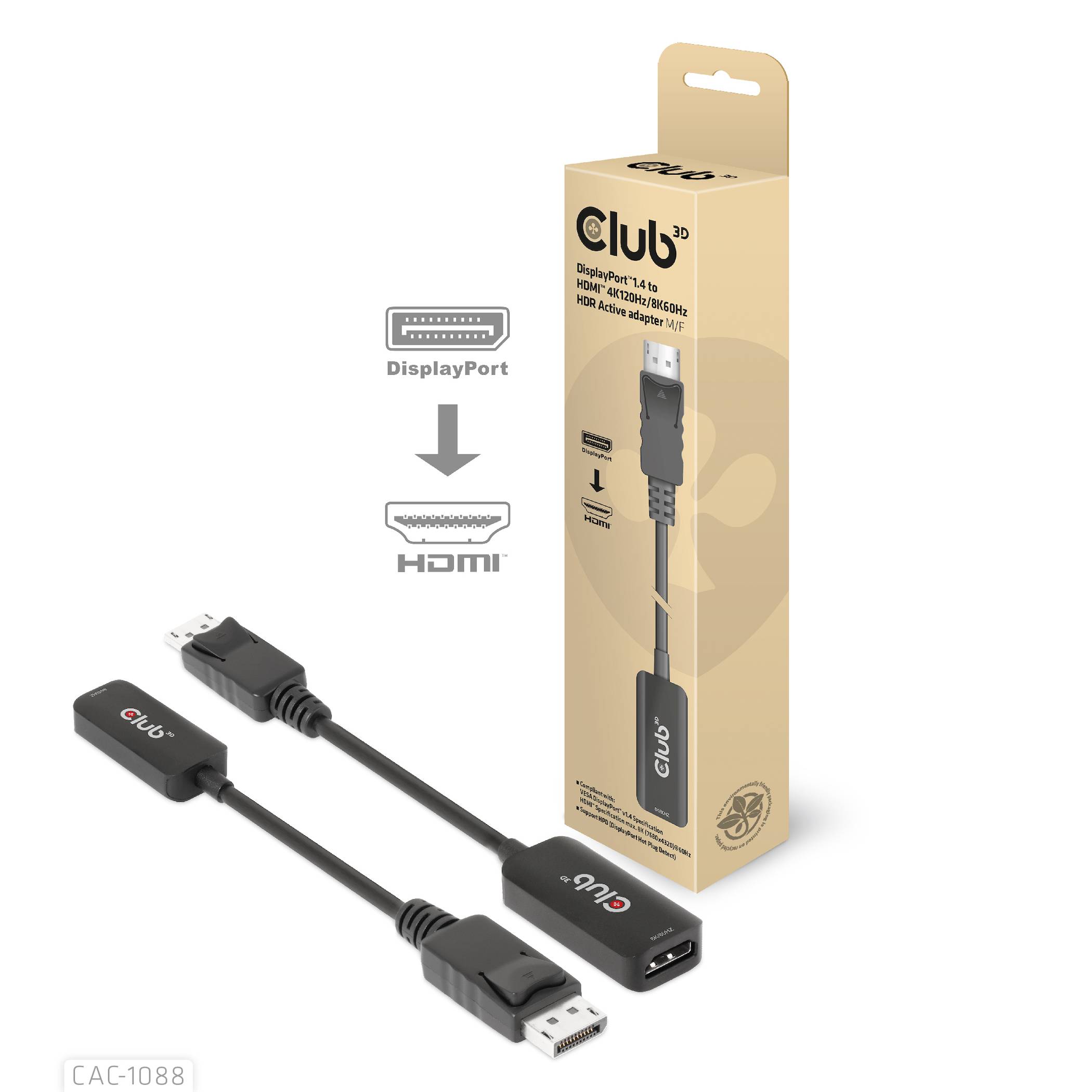 Club 3D Videoadapter - DisplayPort männlich zu HDMI weiblich - 10 cm - aktiv, Support von 4K 120 Hz, unidirektional, unterstützt 8K 60 Hz (7680 x 43