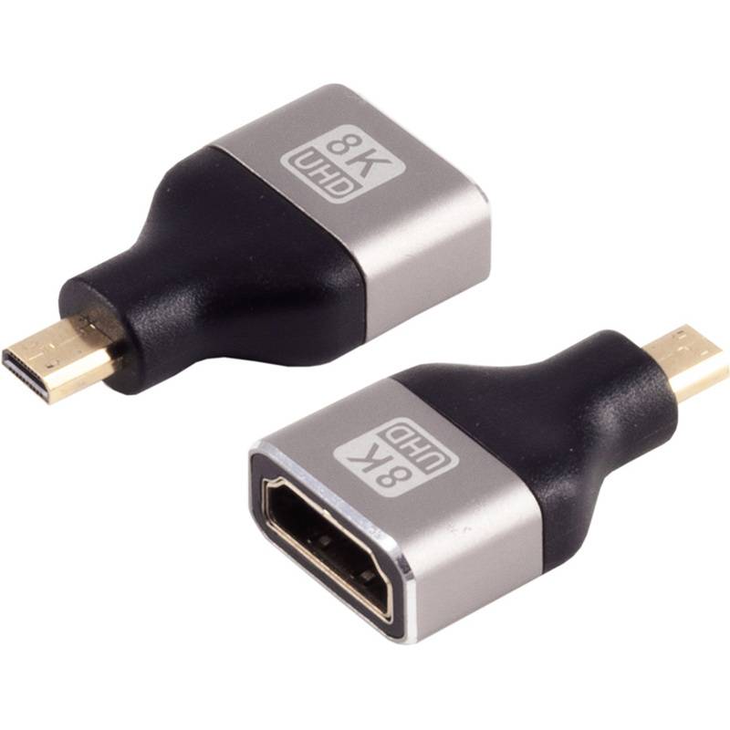 Zwei HDMI-Adapter: ein Mini-HDMI-Stecker, ein Micro-HDMI-Stecker, beide mit der Bezeichnung 8K UHD auf weißem Hintergrund.