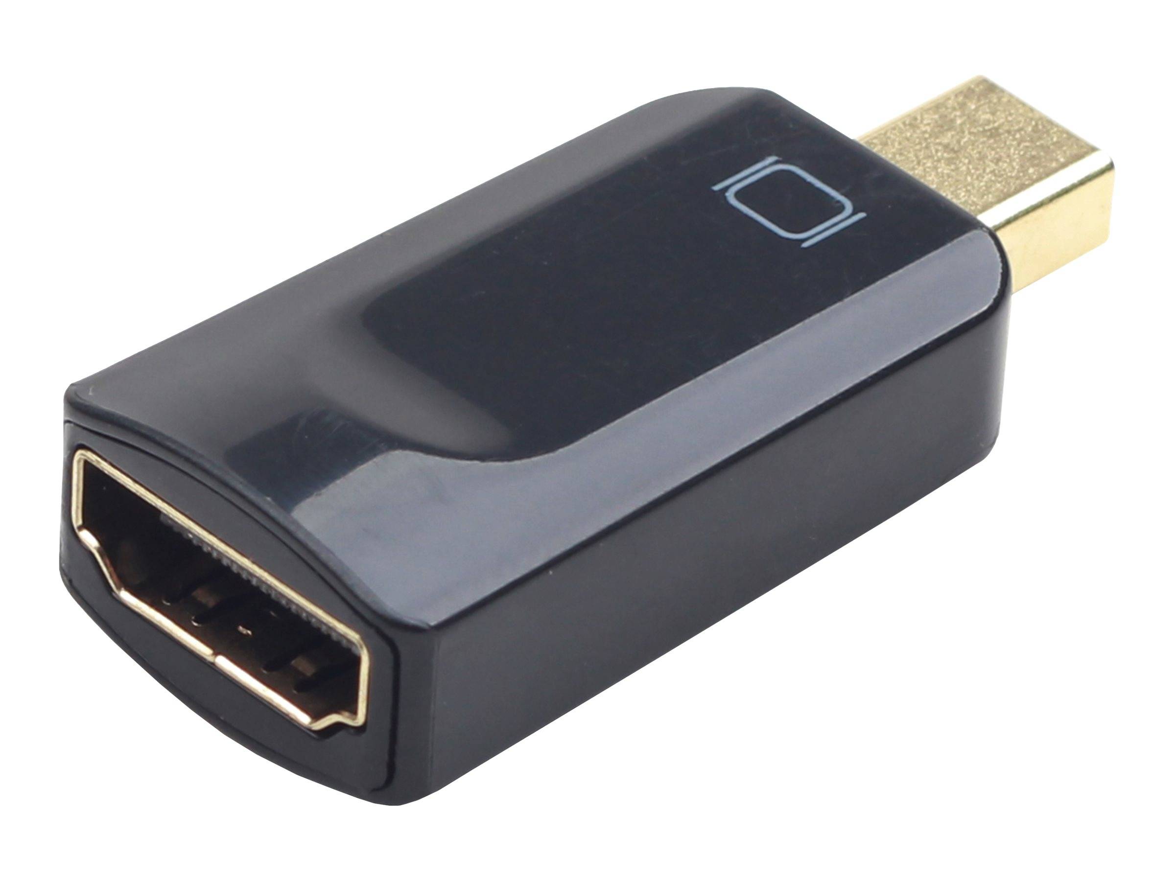 Schwarzer HDMI-Buchse-zu-Buchse-Verbindungsadapter mit vergoldeten Steckern, dargestellt auf weißem Hintergrund.