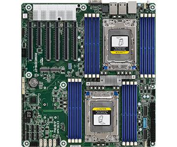 Dual-Socket-Server-Motherboard mit zwei Prozessoren, mehreren RAM-Steckplätzen, Erweiterungssteckplätzen und Kühlkörpern.