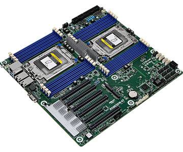 Computer-Motherboard mit zwei Prozessoren und mehreren blauen RAM-Steckplätzen, das ein Dual-Socket-Serverboard auf weißem Hintergrund zeigt.