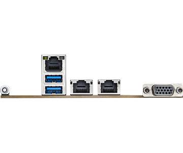 Rückseite einer Computermainboard-Blende mit Anschlüssen: zwei Ethernet-Buchsen, vier USB-Anschlüsse und ein VGA-Displayanschluss.
