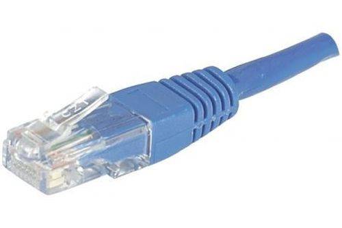 Blaues Ethernet-Kabel mit RJ45-Stecker auf weißem Hintergrund.