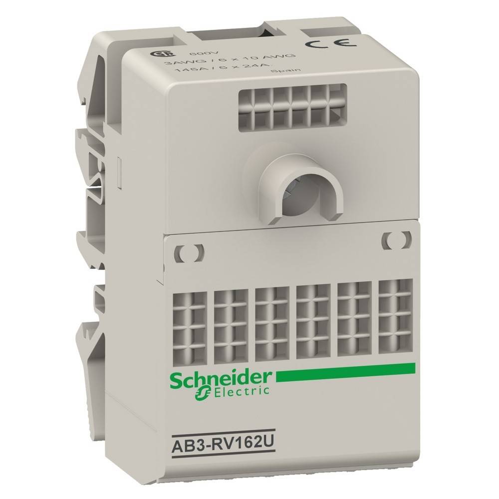 Eine beige Schneider Electric Schaltanlagenkomponente mit der Bezeichnung 'AB3-RV162U', die Belüftungsschlitze und Befestigungsbügel aufweist.