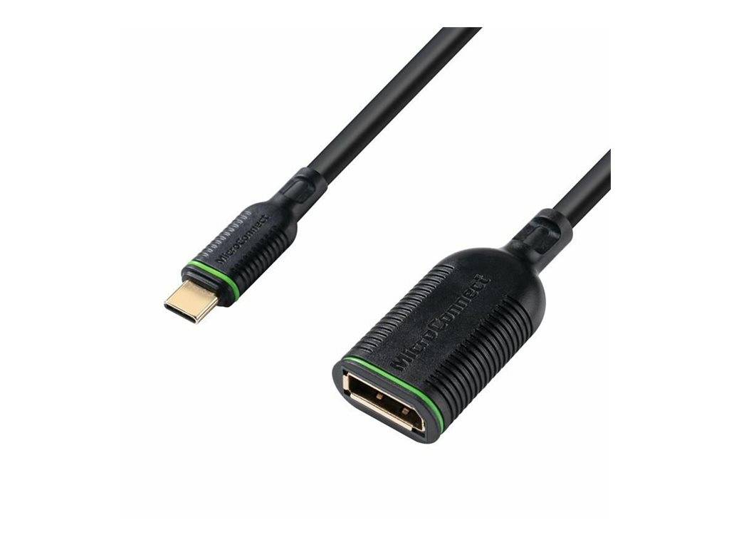 Nahaufnahme eines HDMI-Adapterkabels mit einem USB-C-Stecker auf der einen Seite und einer HDMI-Buchse auf der anderen Seite.