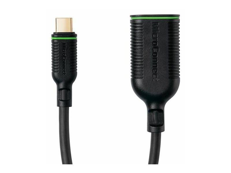 Zwei Ansichten eines schwarzen USB-C-Kabelsteckers und -Adapters, die den Stecker und die passende Buchse auf weißem Hintergrund zeigen.