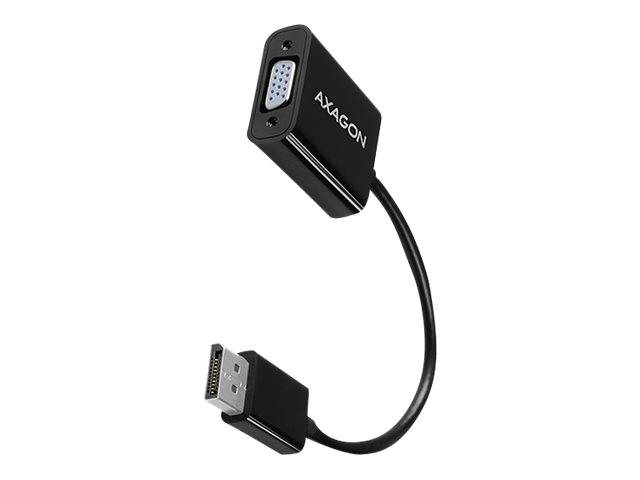 Ein schwarzer AXAGON-Adapter mit einem DisplayPort-Anschluss auf der einen Seite und einem VGA-Anschluss auf der anderen Seite, wird verwendet, um Geräte mit Monitoren zu verbinden.