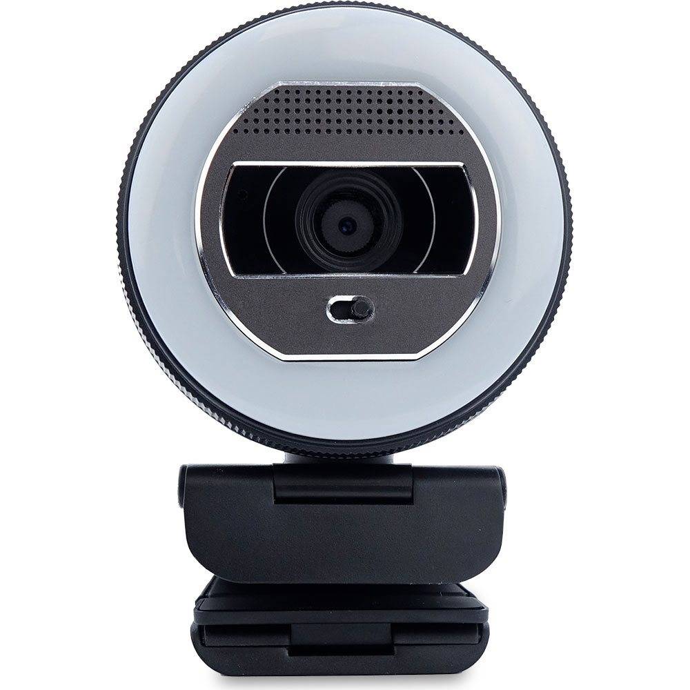 Vorderansicht einer Clip-On-Webcam mit kreisförmiger silberner Fassung, zentraler Linse und verstellbarem schwarzem Befestigungsclip.