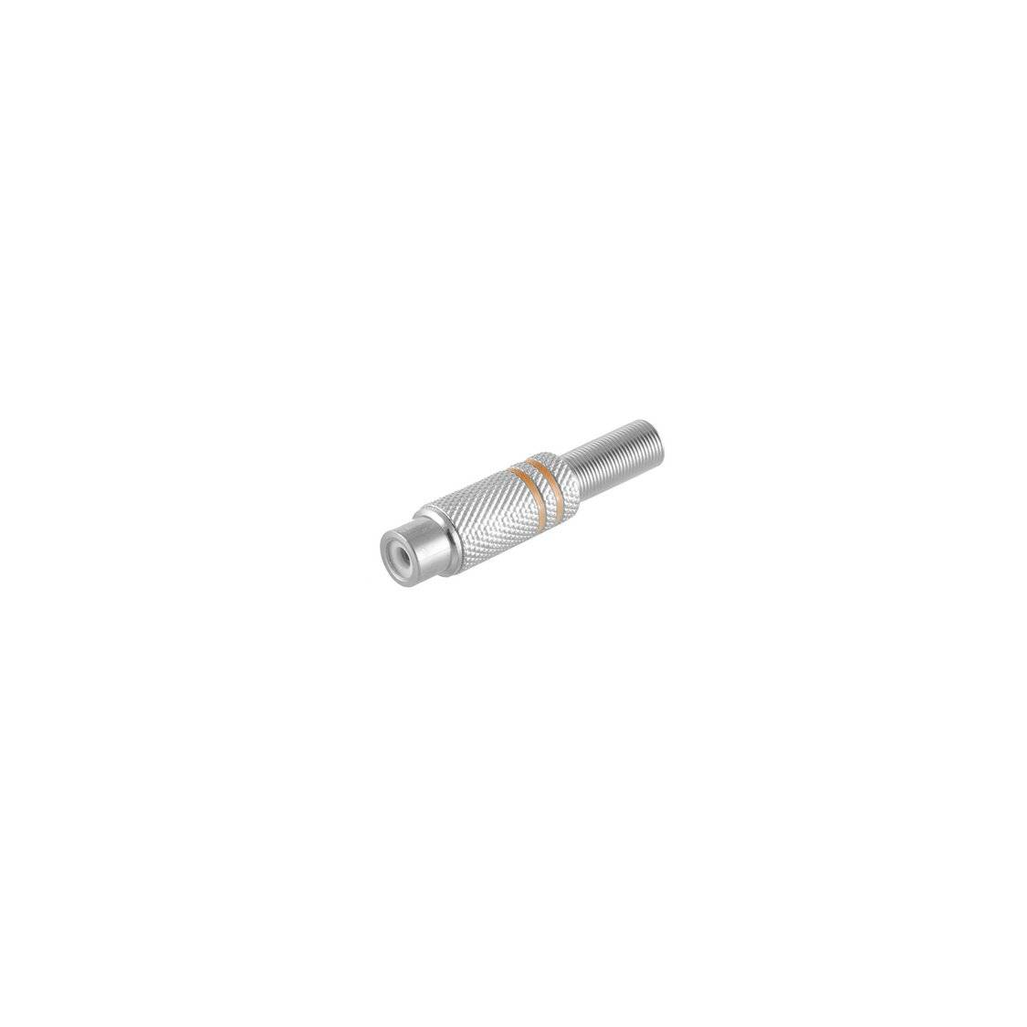 Kleiner metallischer zylindrischer Stecker oder Adapter mit gerilltem Griffbereich, isoliert auf weißem Hintergrund dargestellt.