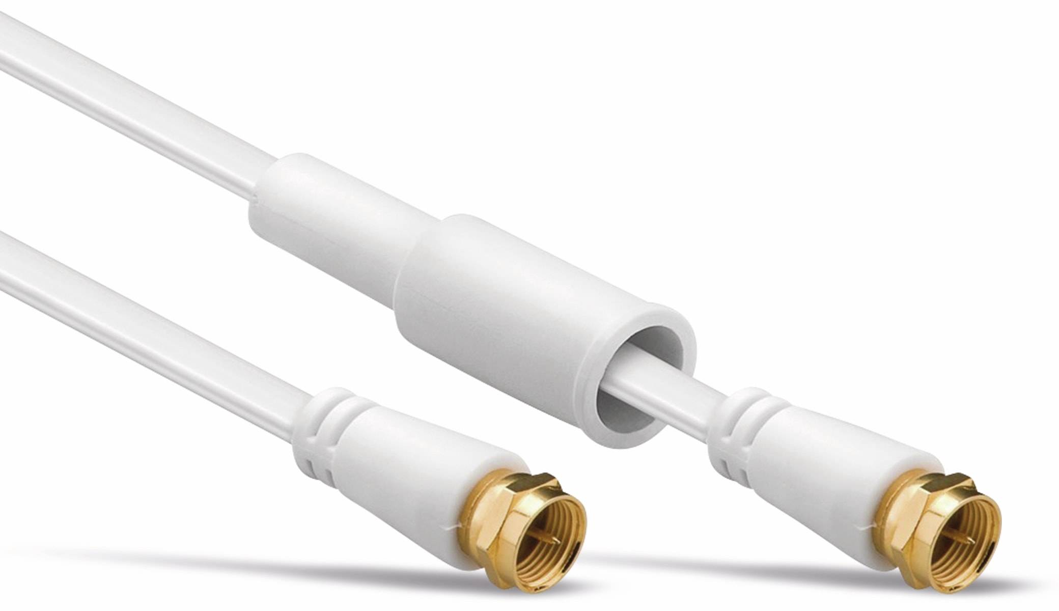 Nahaufnahme eines weißen Koaxialkabels mit vergoldeten Steckern, das männliche und weibliche Enden zeigt und zur TV- oder Internetverbindung verwendet wird.
