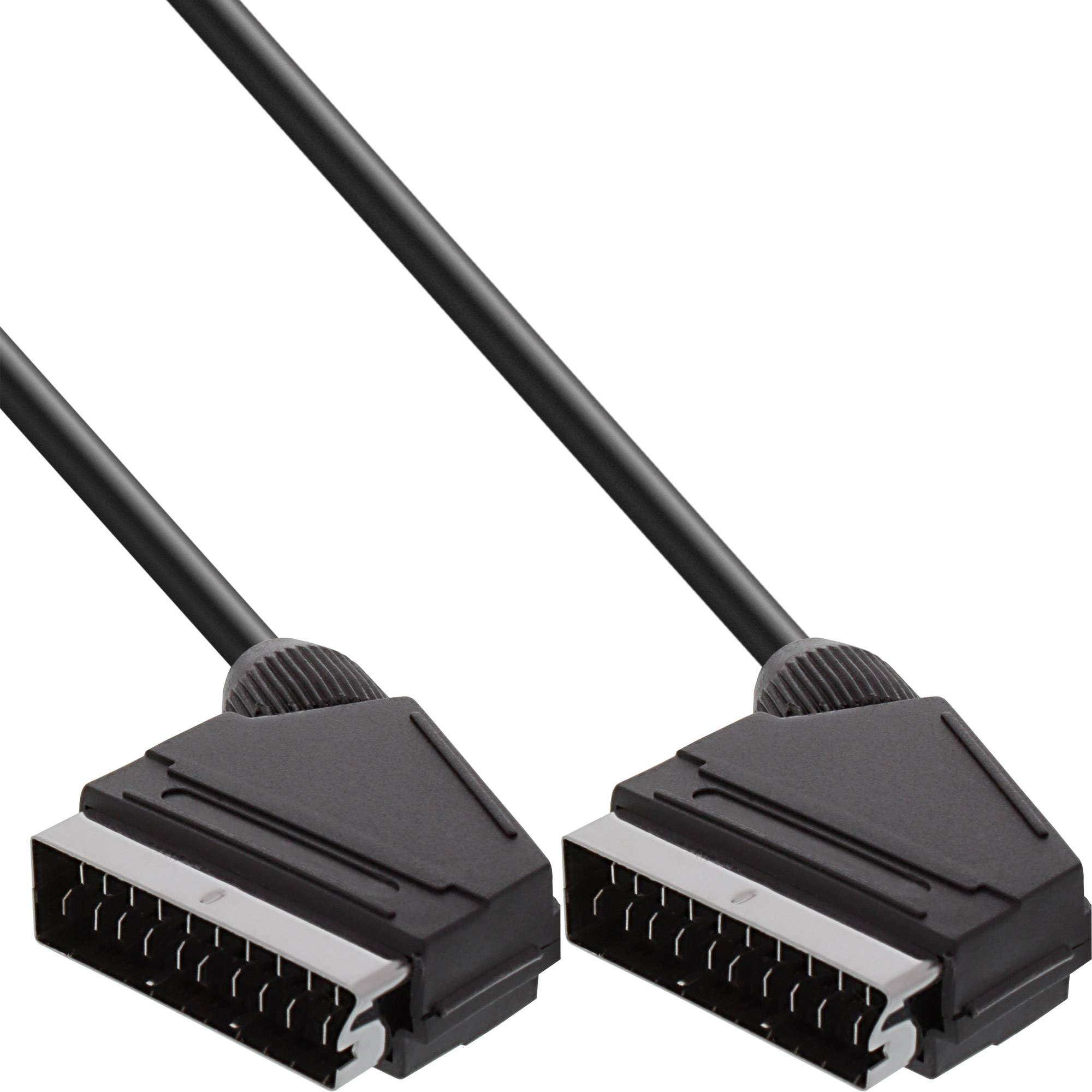 Zwei schwarze SCART-Stecker mit angeschlossenen Kabeln, nebeneinander auf weißem Hintergrund dargestellt.