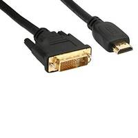 HDMI-Kabel mit einem größeren DVI-Anschluss am anderen Ende, vor weißem Hintergrund dargestellt.