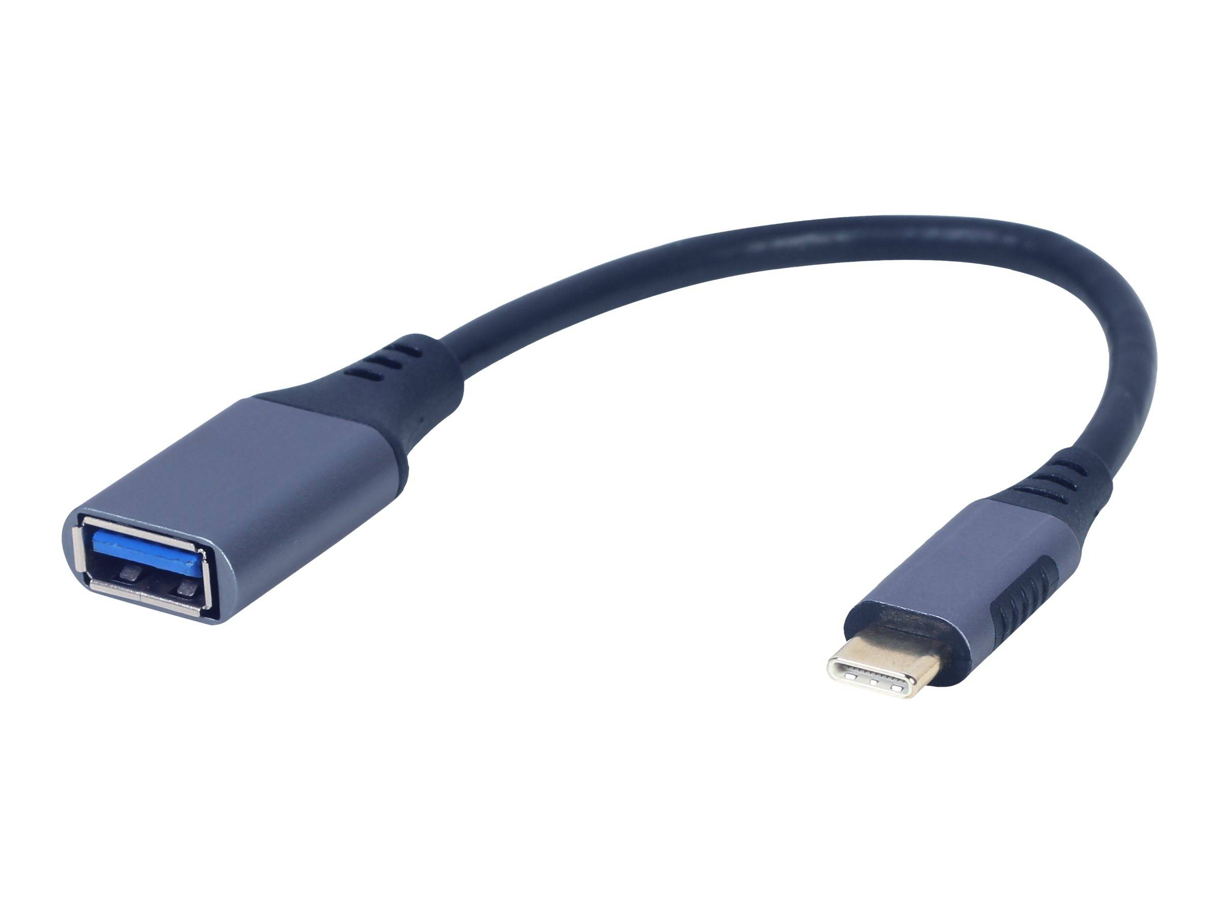 USB-C auf USB-A Adapterkabel auf weißem Hintergrund, zeigt einen USB-A Buchse und einen USB-C Stecker