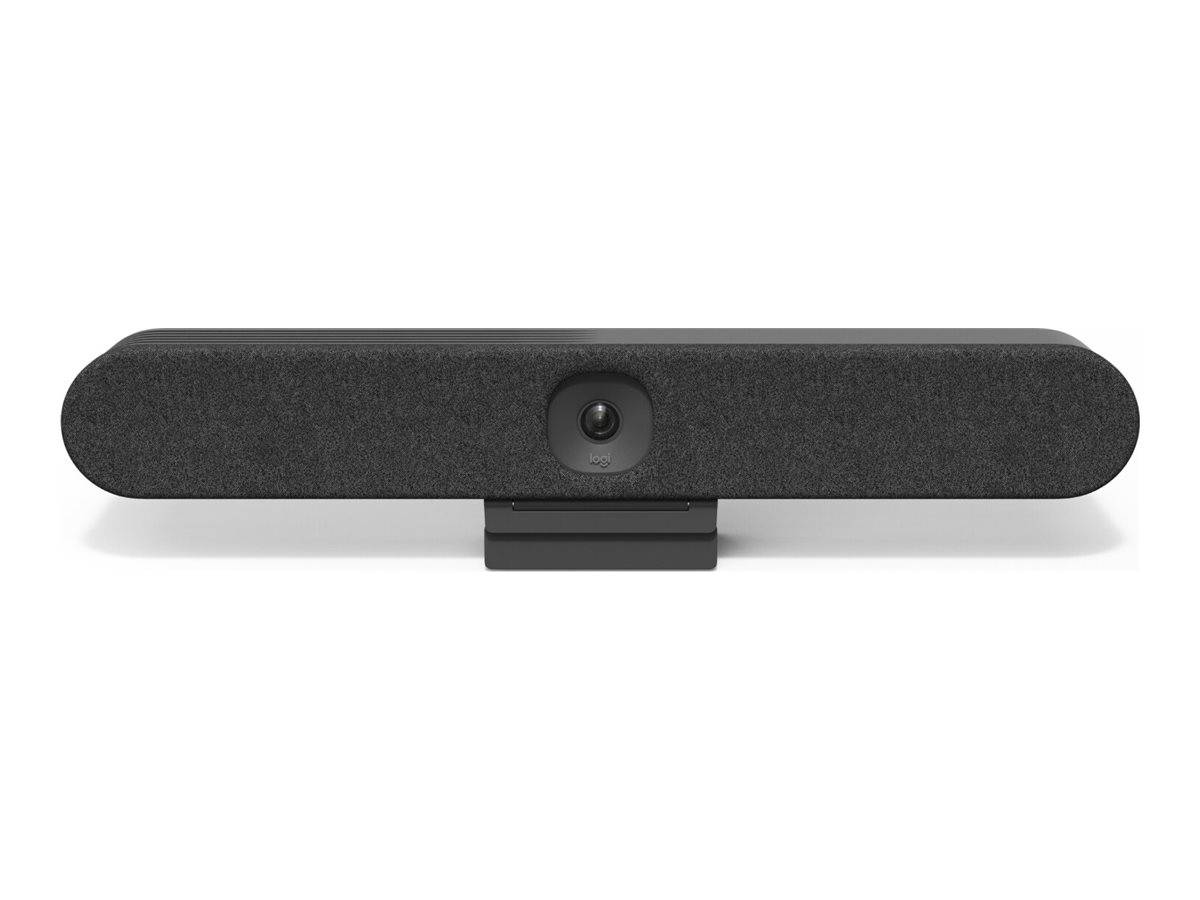 Schwarze Webcam-Leiste mit zentriertem Objektiv und Clip-Halterung, Vorderansicht auf weißem Hintergrund.