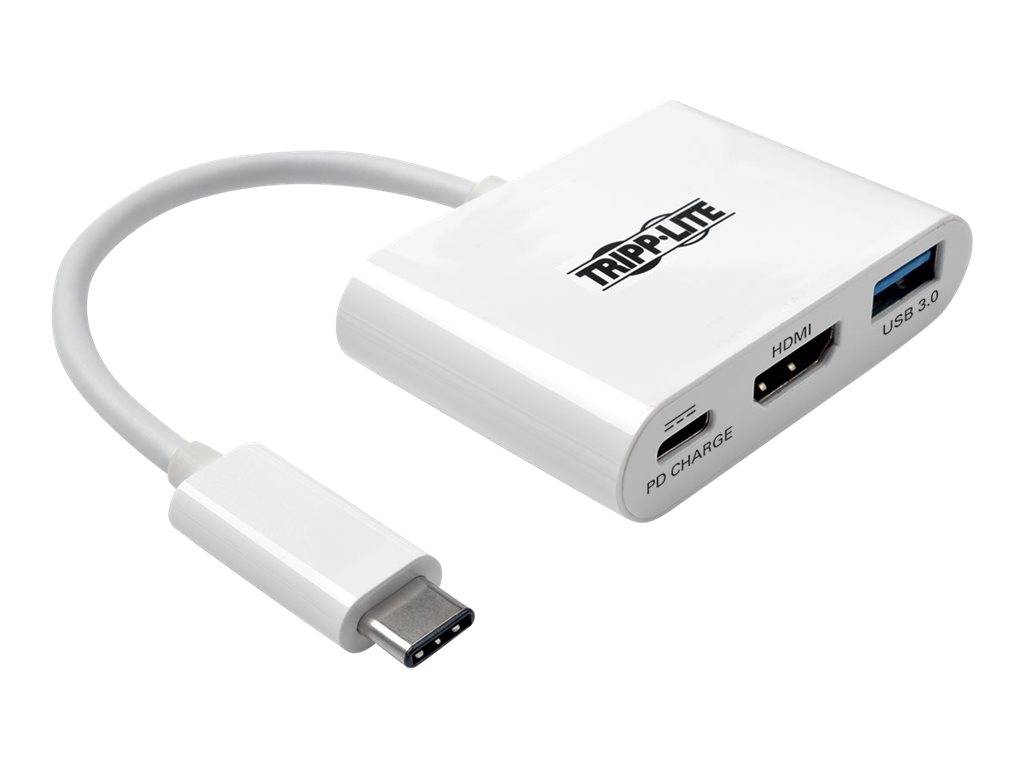 Weißer Tripp Lite USB-C-Adapter mit angeschlossenem Kabel, zeigt HDMI-, USB 3.0- und PD-Ladeanschlüsse.