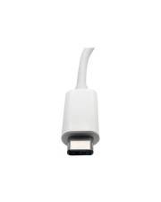 Ein weißer USB-C-Kabelstecker auf weißem Hintergrund, der das Metallportende zeigt; wird häufig zum Aufladen und zur Datenübertragung verwendet.
