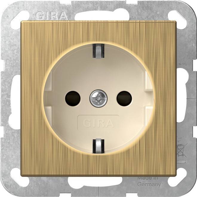Eine beige europäische Wandsteckdose mit einem Holzrahmen, mit der Aufschrift „GIRA