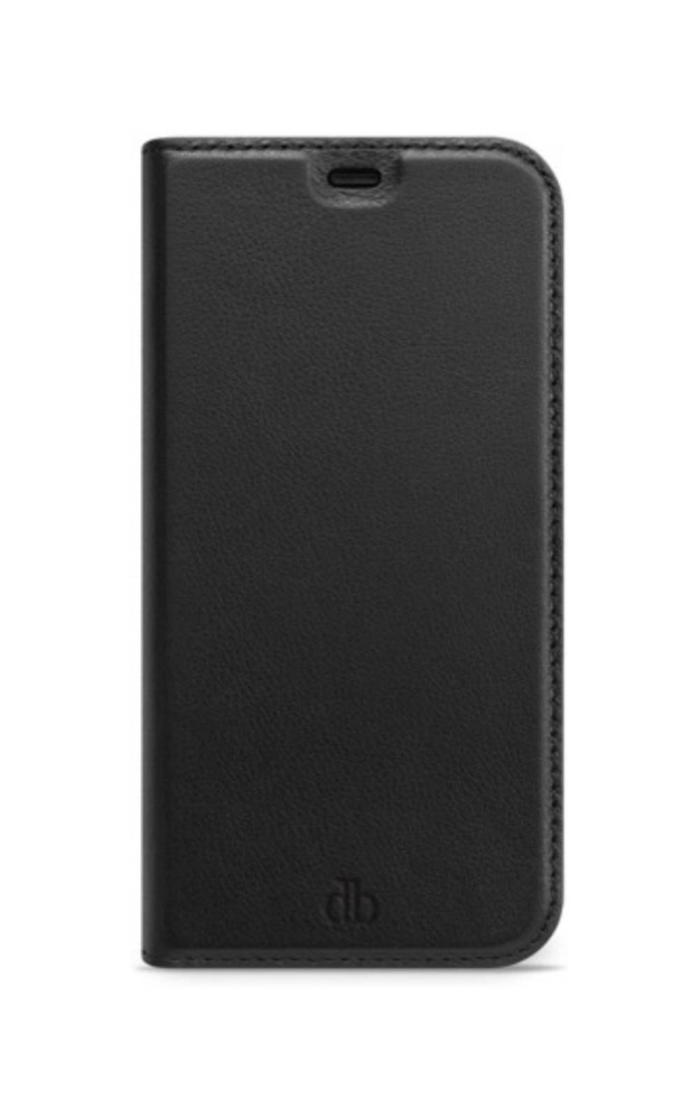 Schwarzes Leder-Smartphone-Klappetui mit Frontausschnitt und abgerundeten Nähtkanten