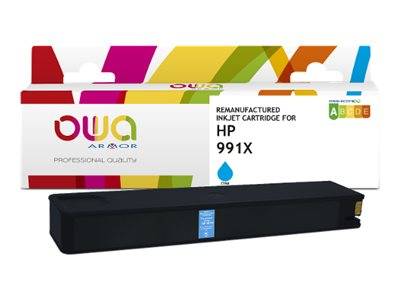 Wiederaufbereitete Tintenpatrone für HP 991X in Schwarz, dargestellt mit farbiger OWA-Markenverpackung.