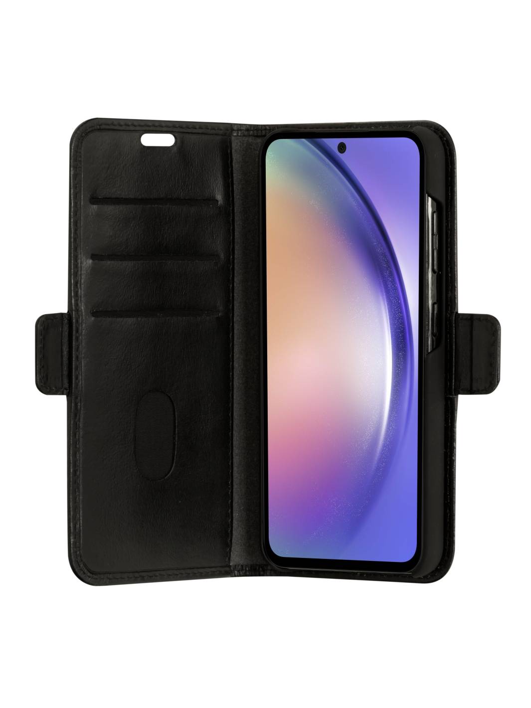 Schwarze Folio-Telefongeldbörse, geöffnet, mit einem Smartphone auf der rechten Seite und Kartensteckplätzen sowie Tasche auf der linken Seite.