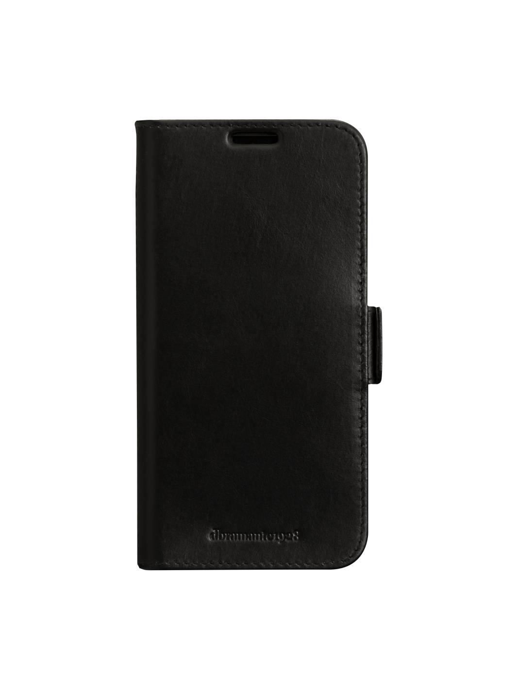 Schwarze Leder-Handytasche mit Vorderdeckel und Seitenlaschen, geschlossen auf weißem Hintergrund dargestellt.