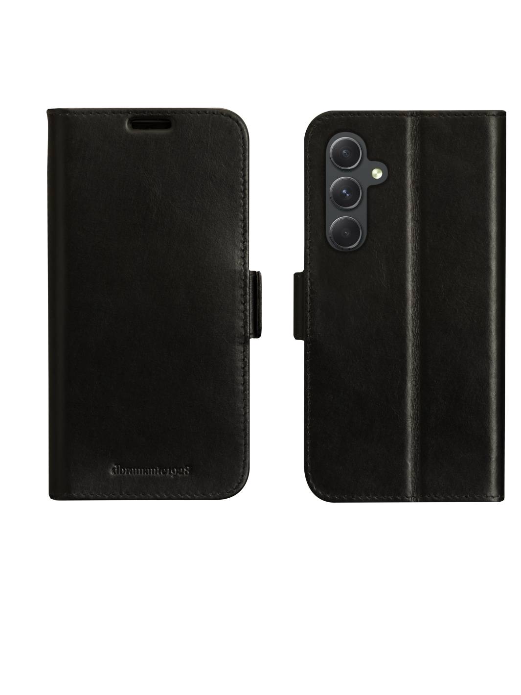 Schwarze Ledermappe für Telefone, von vorne und hinten gezeigt, mit Aussparungen für die Kamera und magnetischem Verschlusstab.