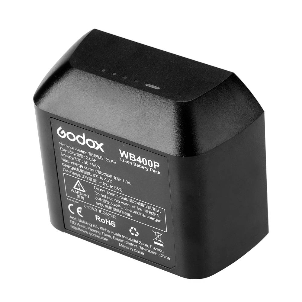 Schwarzes Godox WB400P Lithium-Ionen-Akku-Pack auf weißem Hintergrund, mit aufgedruckten Spezifikationen auf der Vorderseite.