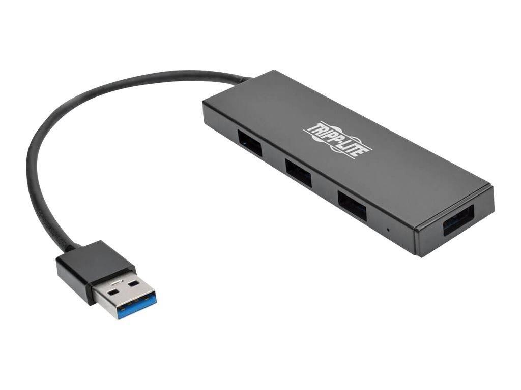 Schwarzer Tripp Lite USB-Hub mit einem USB-A-Stecker und vier USB-Anschlüssen auf weißem Hintergrund