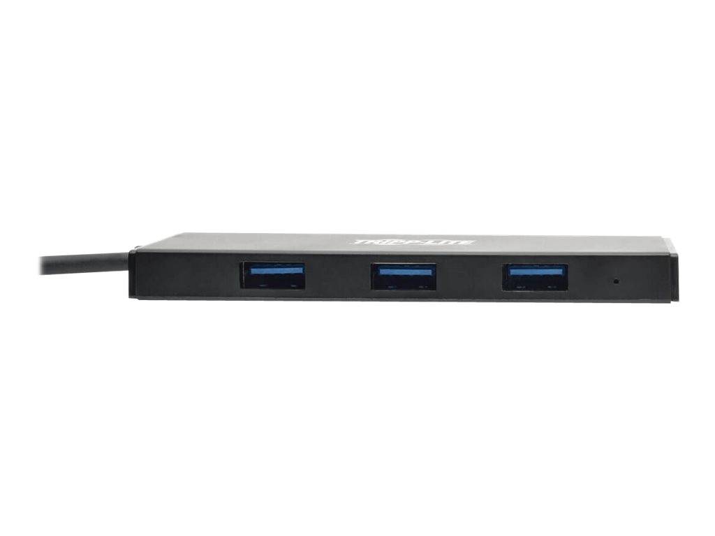 Schlanker schwarzer USB-Hub mit drei blauen USB-Anschlüssen auf weißem Hintergrund.