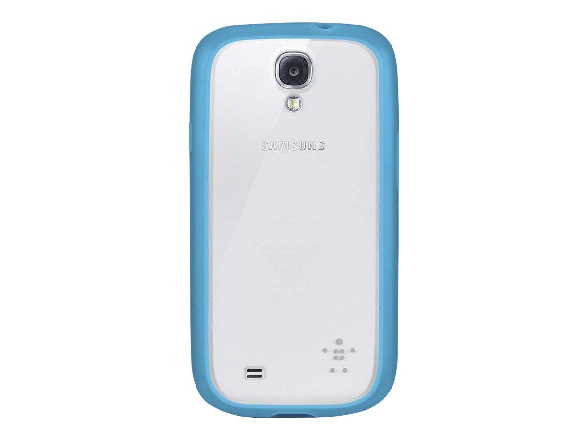 Rückansicht eines weißen Samsung-Handys mit blauem Schutzcase, das die Kamera, den Blitz, den Lautsprecher und das Samsung-Logo zeigt.