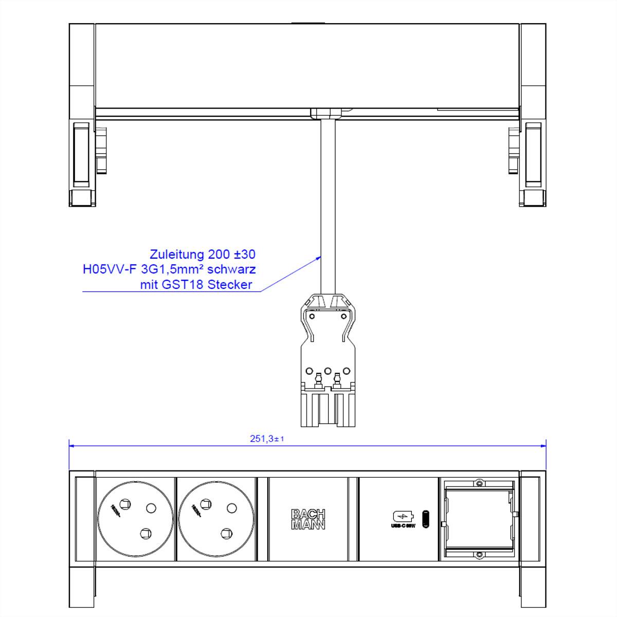 BACHMANN DESK2 2xUTE 1xUSB C 30W 1xCM 0,2m GST18 RAL9005