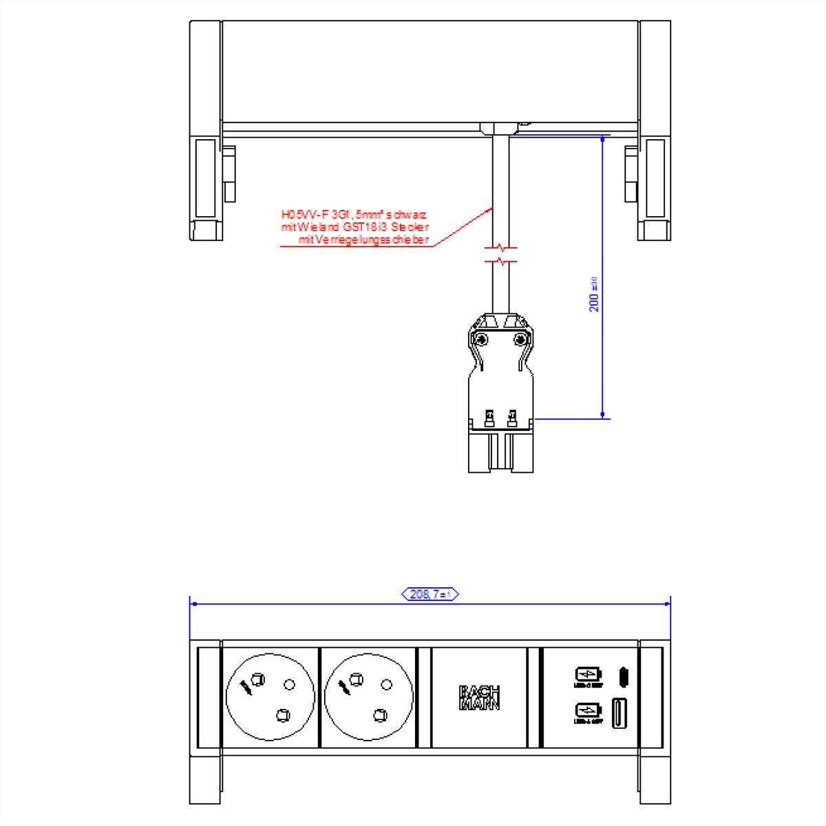 BACHMANN DESK2 2xUTE 1xUSB A/C 22W 0,2m GST18 INOX