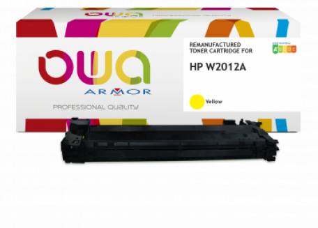 OWA Armor wiederaufbereitete Tonerpatrone für HP W2012A, gelb, dargestellt mit ihrer Verpackung und der Patrone.