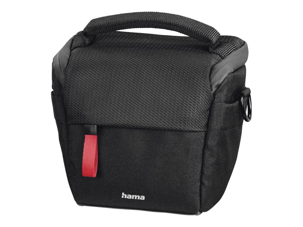 Eine schwarze gepolsterte Kameratasche mit rotem Akzent und einem Griff oben, entwickelt zum Tragen und Schutz von Fotoausrüstung.