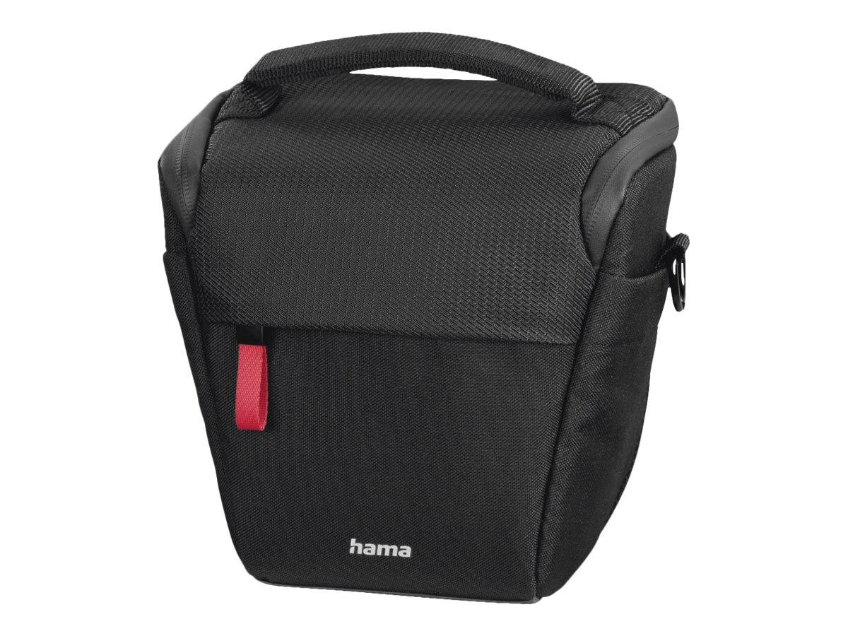 Eine schwarze Kameratasche mit einem roten Reißverschlusszug und dem 