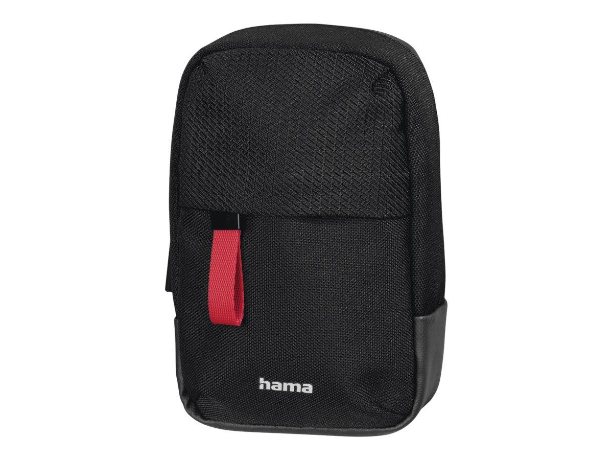 Schwarze tragbare Tasche mit Reißverschluss, rotem Zugriegel und „hama