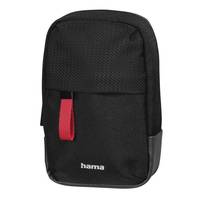 Schwarze Hama Schutztasche mit rotem Zuggriff und reißverschlussgesicherter Vordertasche, vor neutralem Hintergrund abgebildet.
