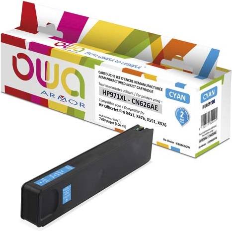 Karton mit aufbereiteter cyan Tintenpatrone für HP-Drucker, mit einer schwarzen Patrone vorne abgebildet.
