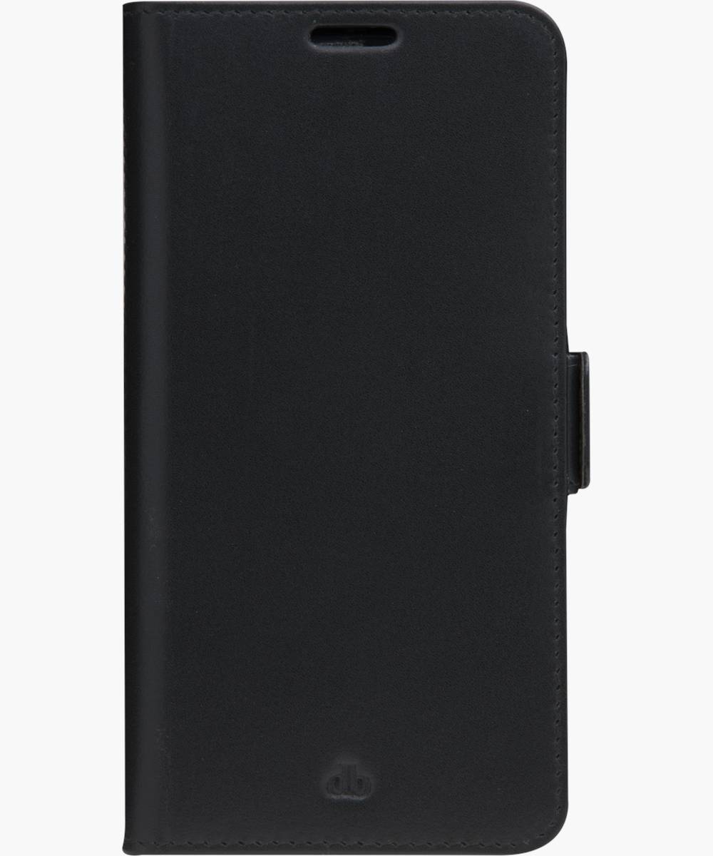 Schwarze Smartphone-Klapptasche aus Leder mit Vorderseite, Kameraausschnitt und seitlichem Verschluss.
