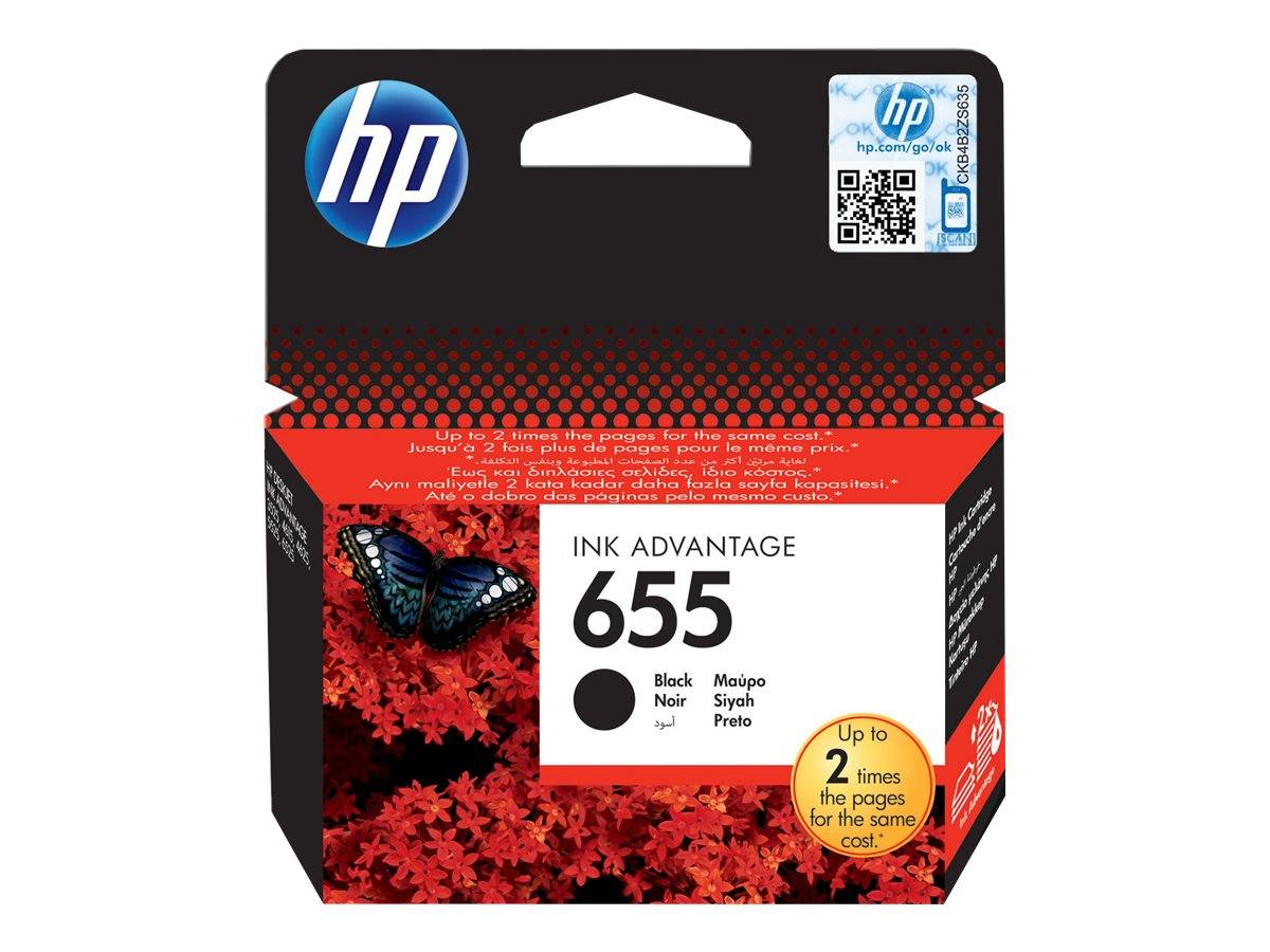 HP Ink Advantage 655 schwarze Tintenpatrone in Verpackung mit Schmetterling- und rotem Blumendesign, gekennzeichnet mit „Bis zu 2-mal so viele Seiten zum gleichen Preis