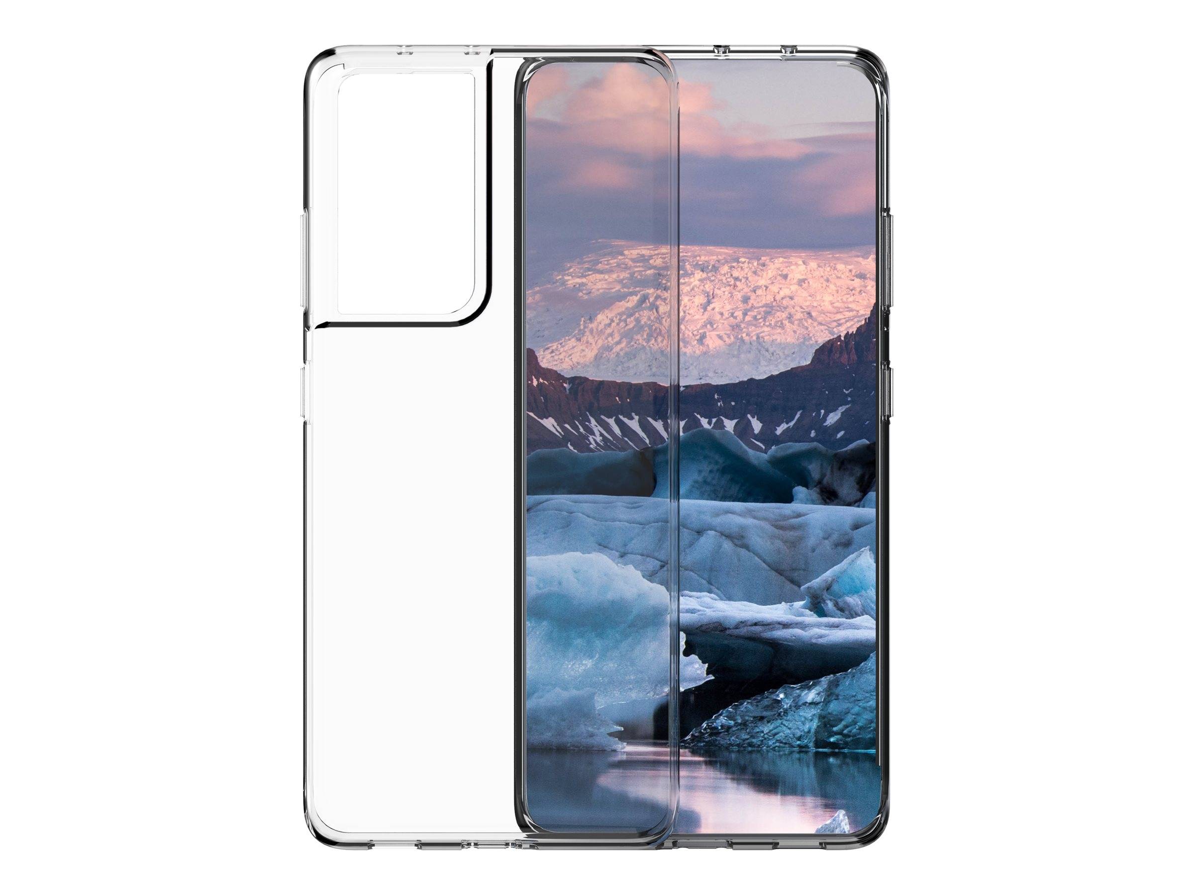Durchsichtige Smartphone-Hülle von vorne und hinten auf einem Telefon gezeigt, mit großem Kameraausschnitt und transparentem Design.