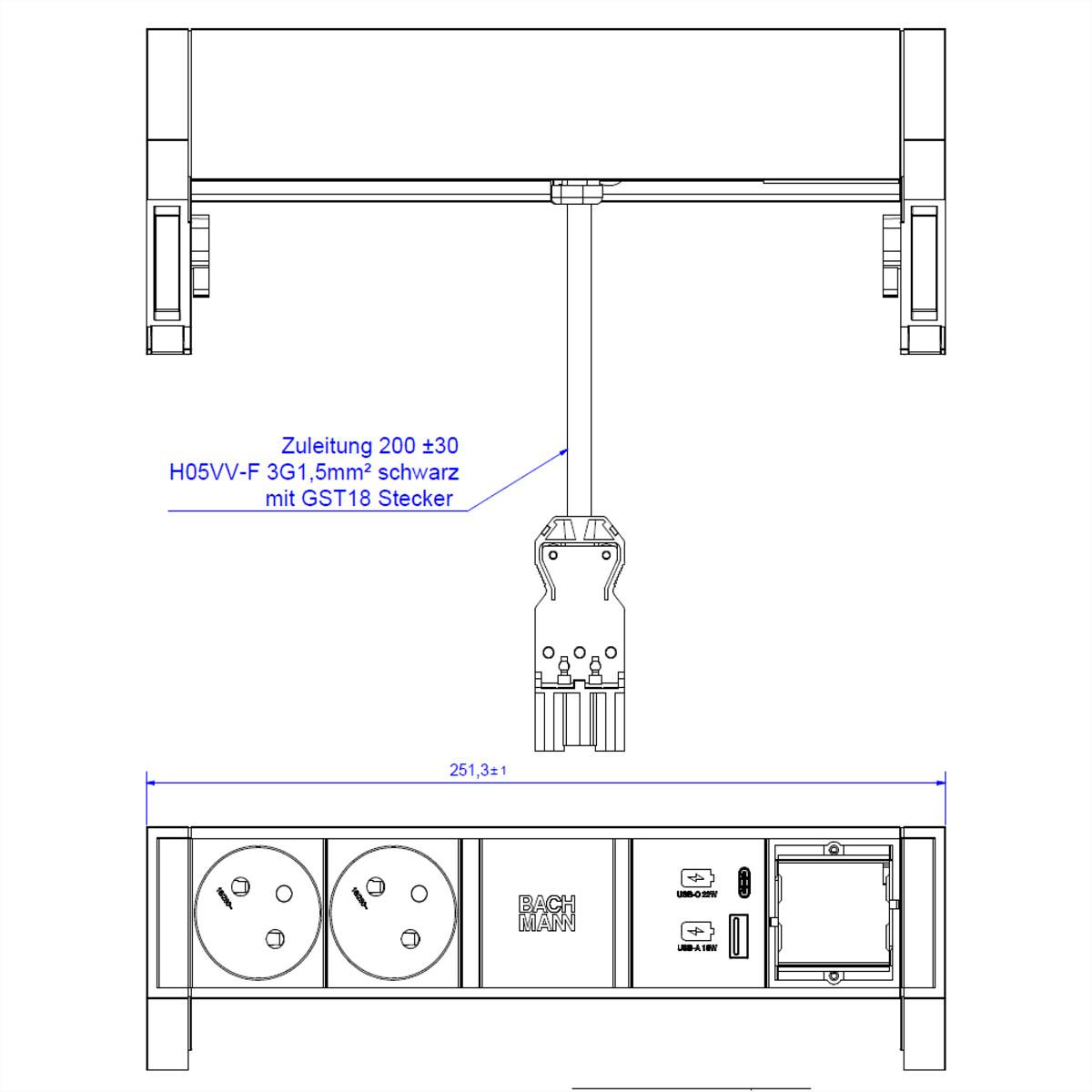 BACHMANN DESK2 2xUTE 1xUSB A&C 22W 1xCM 0,2m GST18 INOX