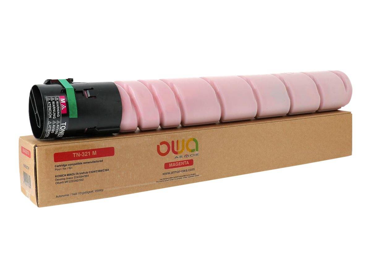 Rosa Tonerkassette, die auf einer Kartonschachtel ruht, als Produktverpackung für einen Druckertoner-Ersatz dargestellt.