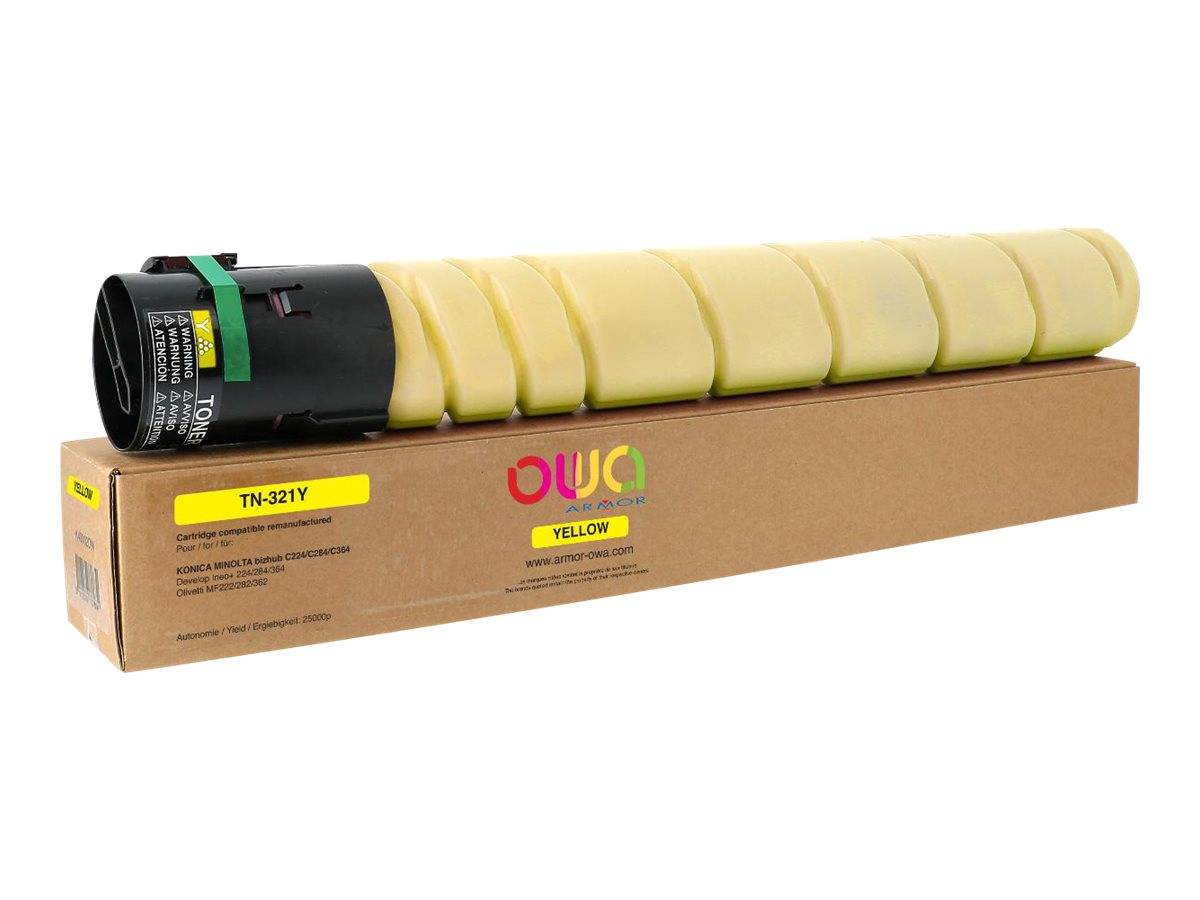 Gelbe Tonerpatrone liegt auf ihrer Kartonverpackung, mit den Bezeichnungen TN-321Y und GELB.