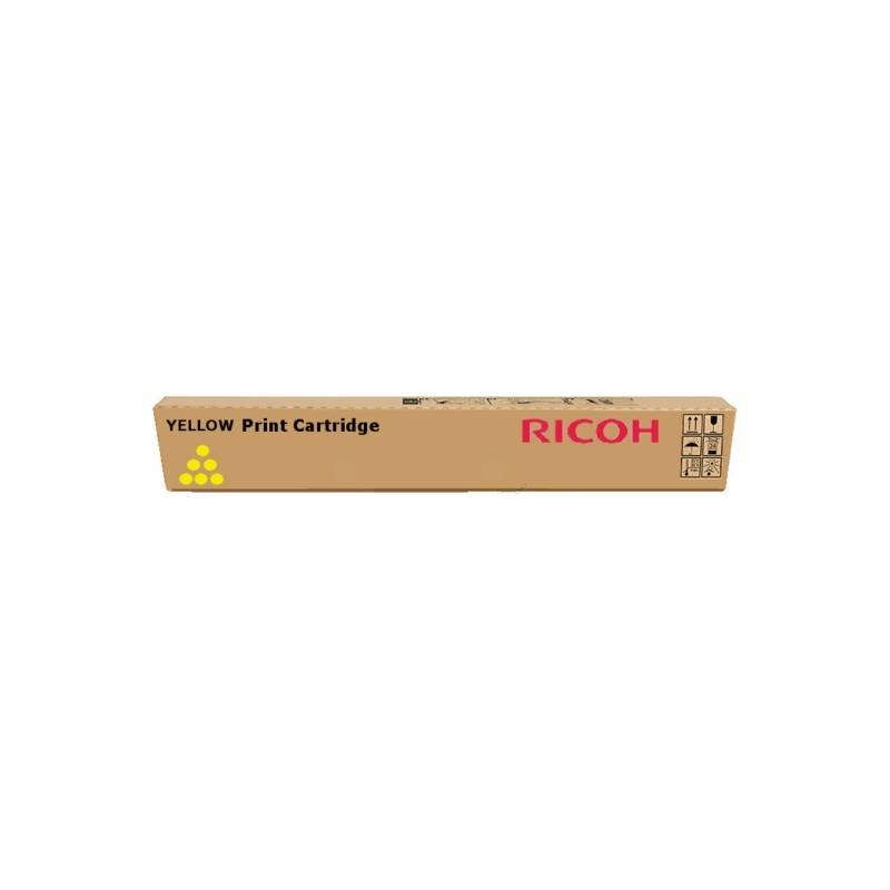 Gelbe Druckpatrone von Ricoh in einer Schachtel, gezeigt auf weißem Hintergrund.