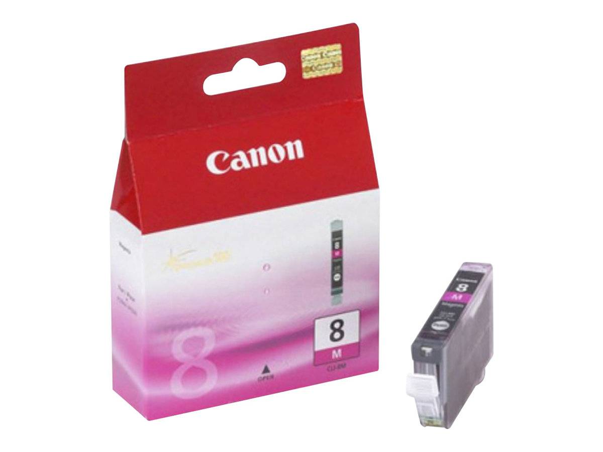Canon-Tintenpatroneverpackung und eine einzelne schwarze Tintenpatrone auf weißem Hintergrund, gekennzeichnet mit 8M.