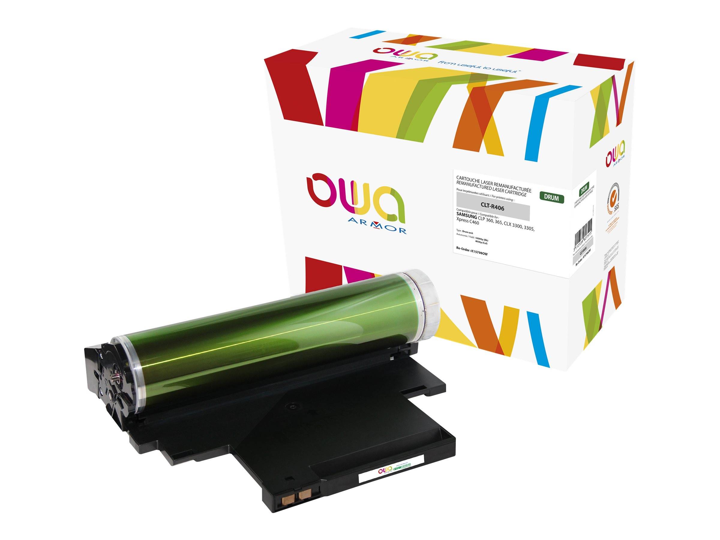 Grüne Laserdruck-Tonerkassette vor einer weißen OWA ARFOR-Produktbox mit farbigen Streifen und Produktetikett.