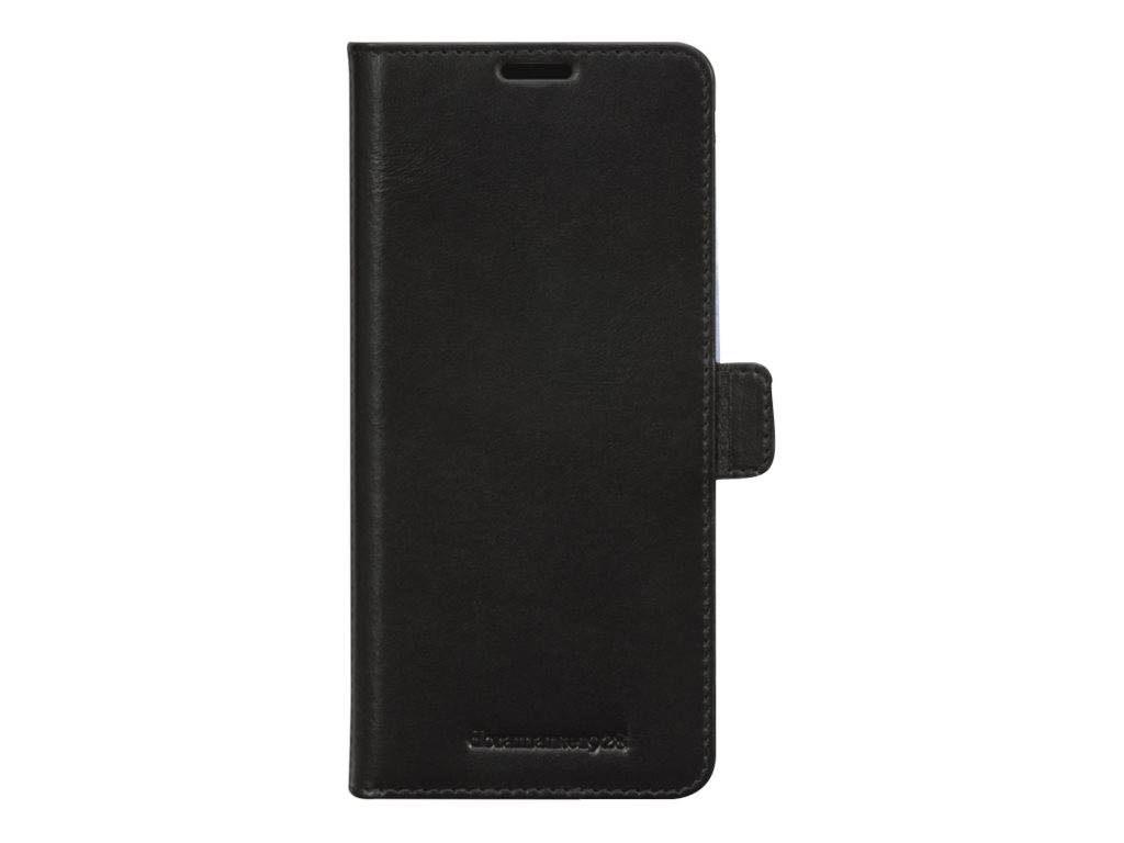 Schwarze Leder-Smartphone-Hülle, geschlossen, mit magnetischem Verschluss auf der rechten Seite, entwickelt für Schutz und Stil.